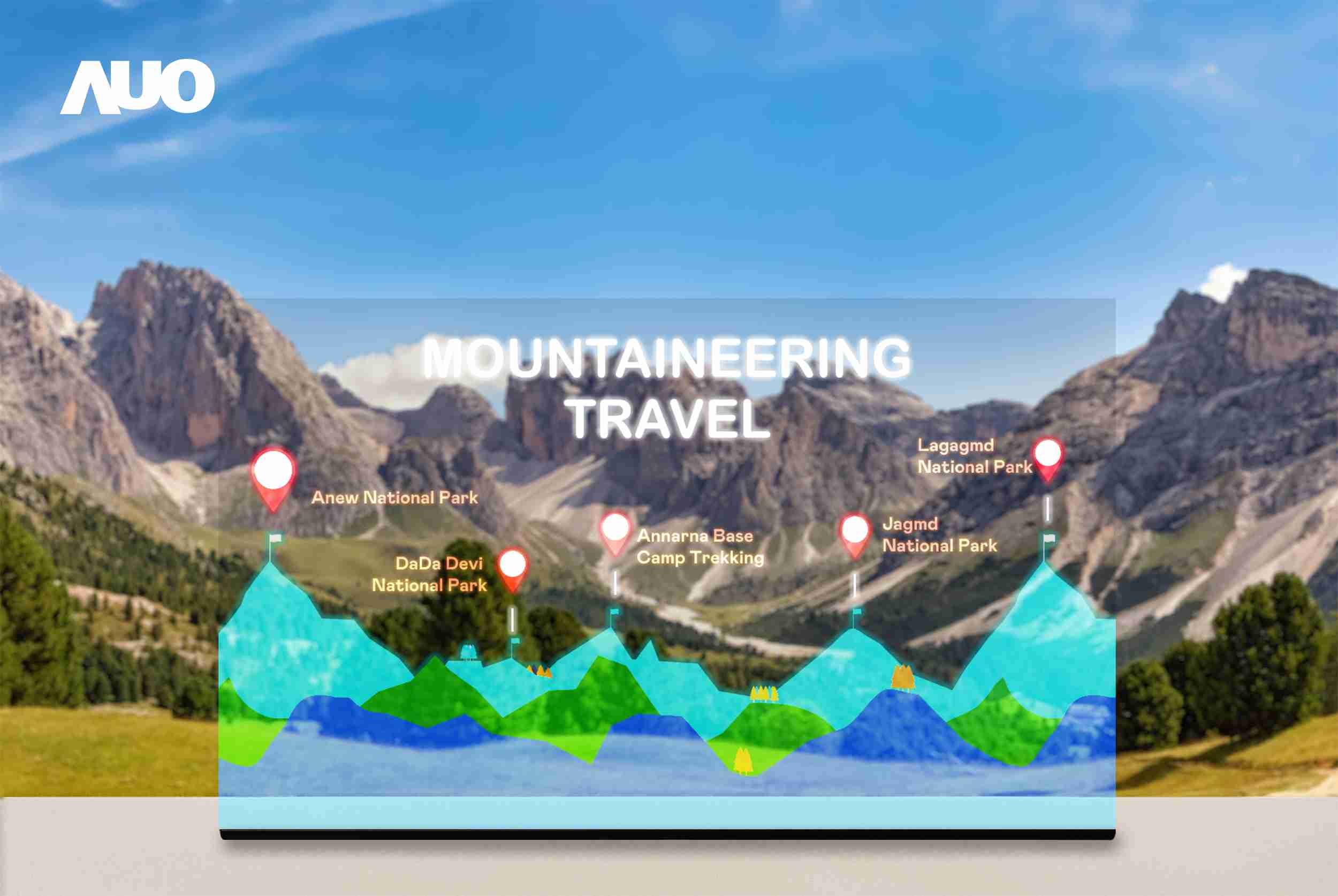 万利展示全球单片尺寸最大(*)42吋透明Micro LED显示器拼接而成的〝64吋透明Micro LED显示器〞，，具备高透明度、、、1,000 nits高亮度、、、、广色域、、、采用三边无边框的无缝拼接等多重特色，，，，呈现超高清、、细腻画质而不遮挡后方视觉，，，，满足层峰需求，，，，可广泛运用于零售、、、艺术展览或商业空间等场域